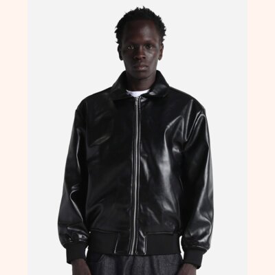 Unisex PU Leather Collared Varsity Jacket Thumbnail